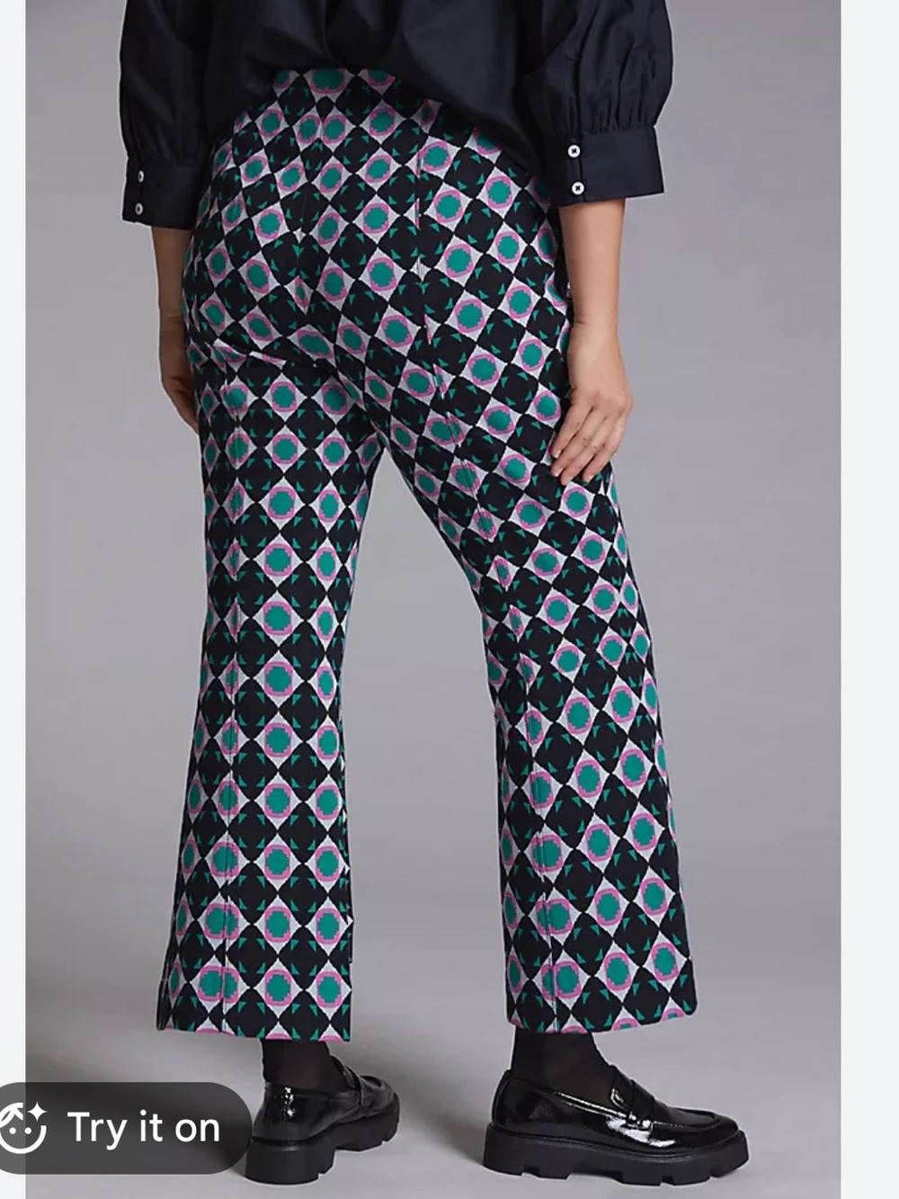 Maeve Anthropologie Medium Margot Kick Flare Cropped Pants Black Argyle Green
